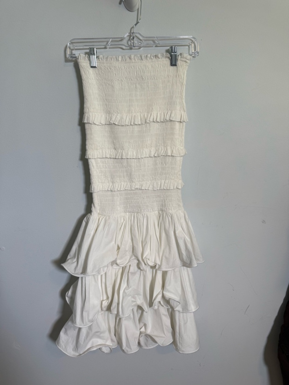 Mable White Smocked Strapless Ruffle Tiered Dress Cottagecore Bridal Shower Mini